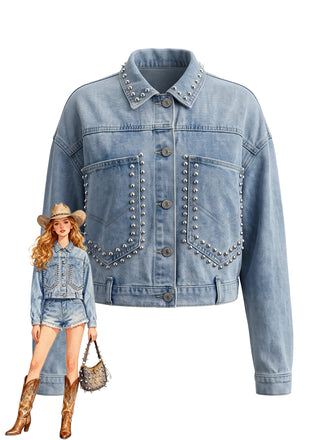 Veste Bleu Clair Studded Poche Denim Jacket Années 1970