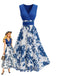 Robe évasée bleue à imprimé floral et col V plongeant années 1950