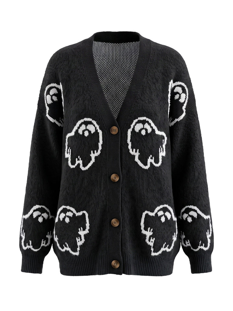 Cardigan d’Halloween en maille boutonnée à motif fantômes années 1970