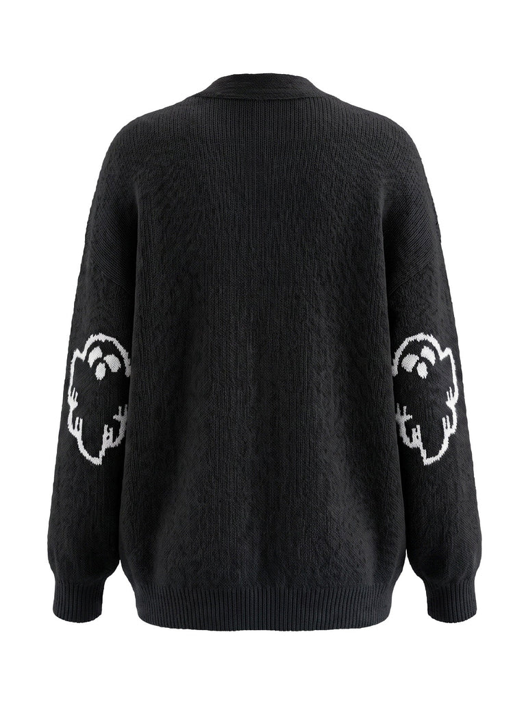 Cardigan d’Halloween en maille boutonnée à motif fantômes années 1970