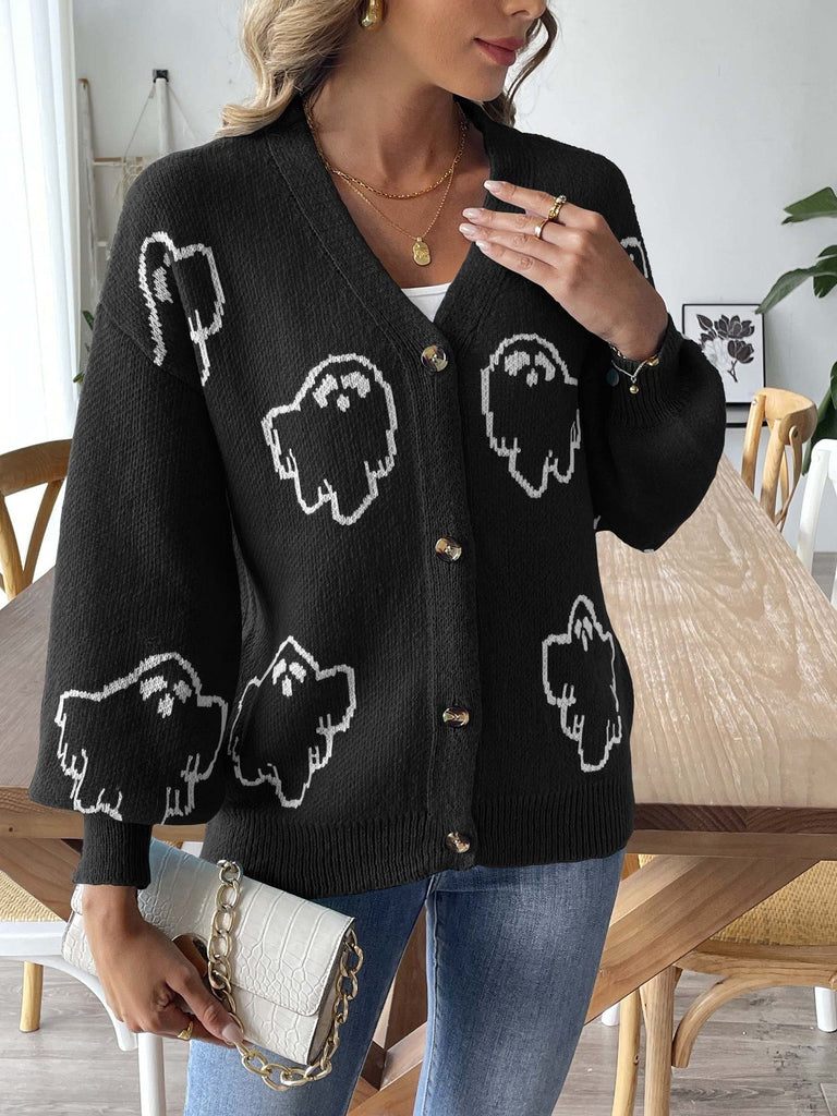 Cardigan d’Halloween en maille boutonnée à motif fantômes années 1970