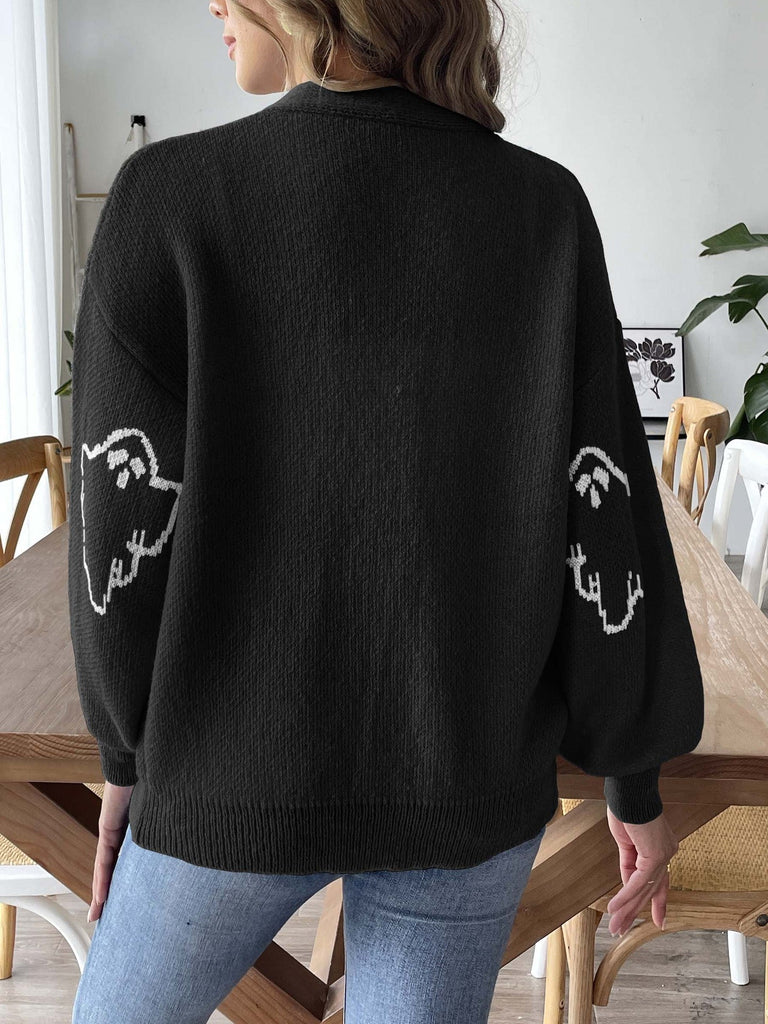 Cardigan d’Halloween en maille boutonnée à motif fantômes années 1970