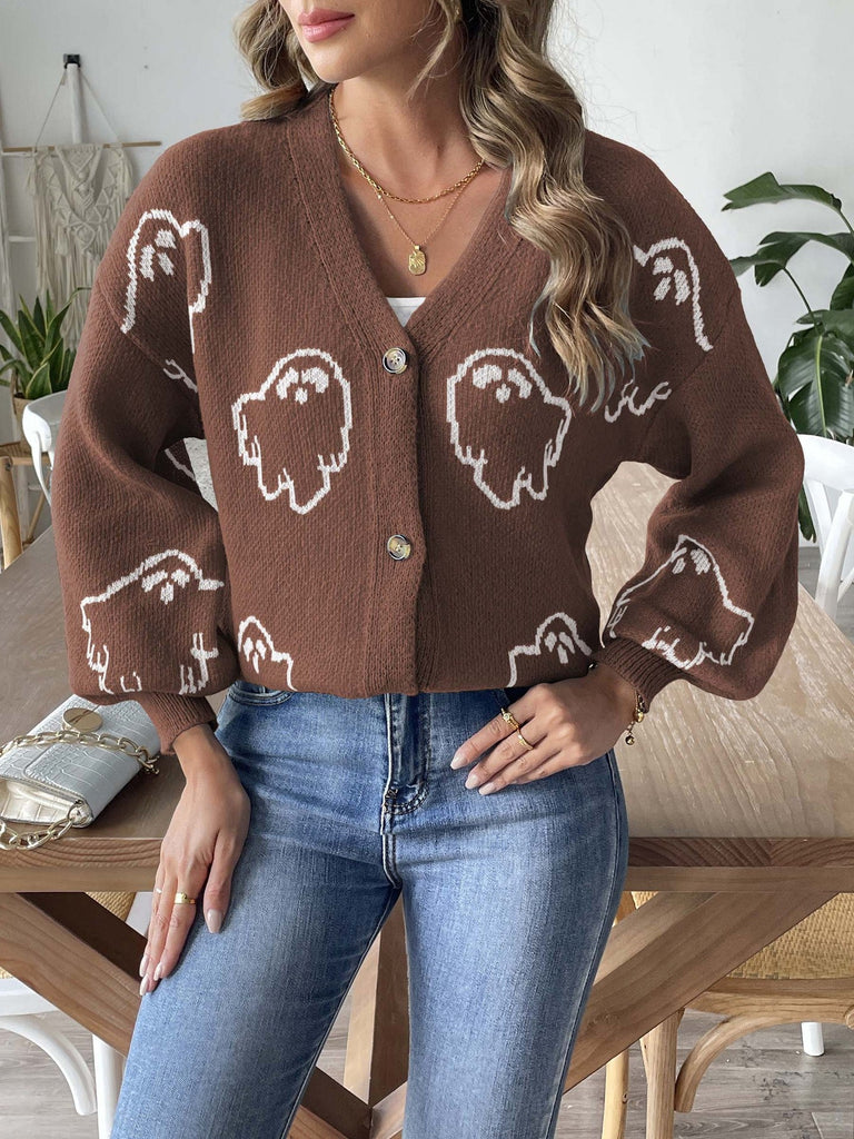 Cardigan d’Halloween en maille boutonnée à motif fantômes années 1970