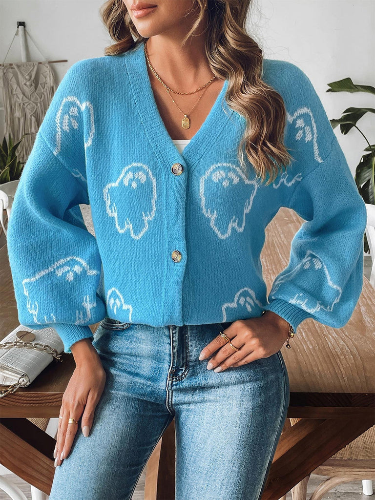 Cardigan d’Halloween en maille boutonnée à motif fantômes années 1970