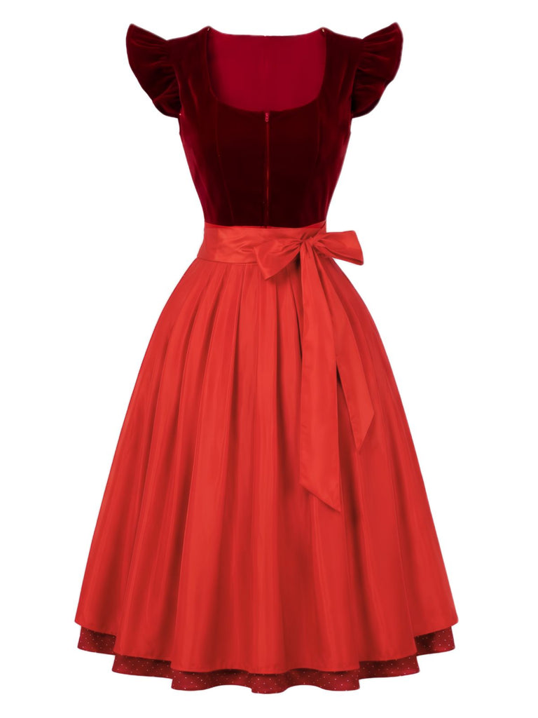 2PCS Robe Rouge Col Carré Polka Dots et Tablier Années 1950