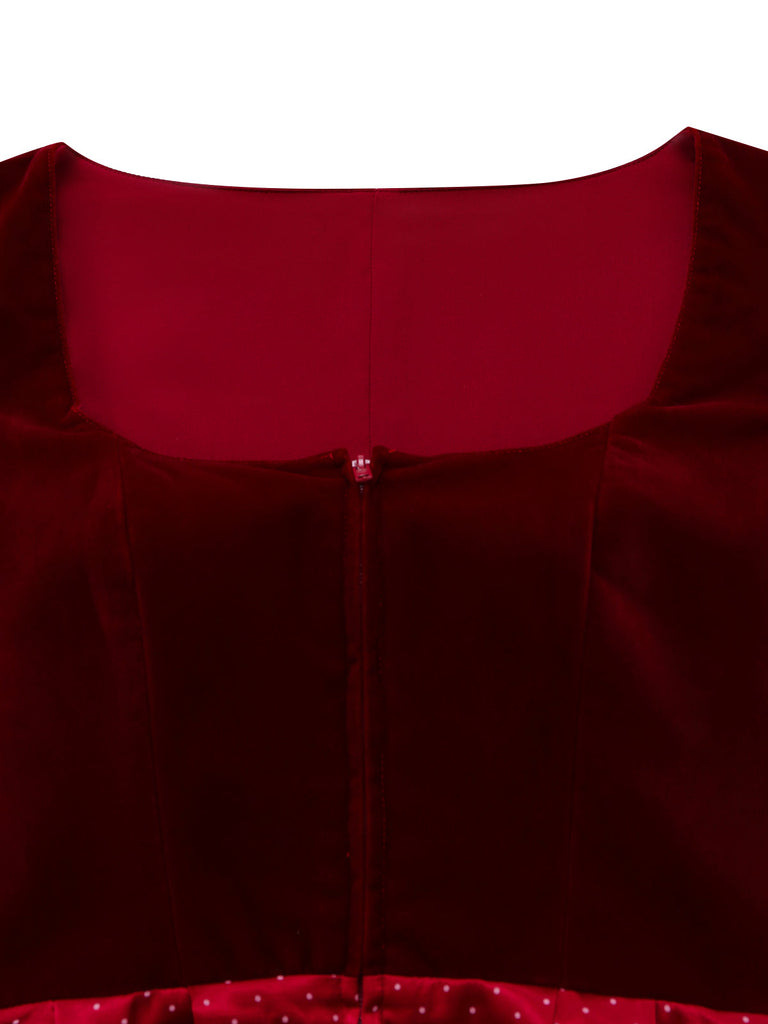 2PCS Robe Rouge Col Carré Polka Dots et Tablier Années 1950