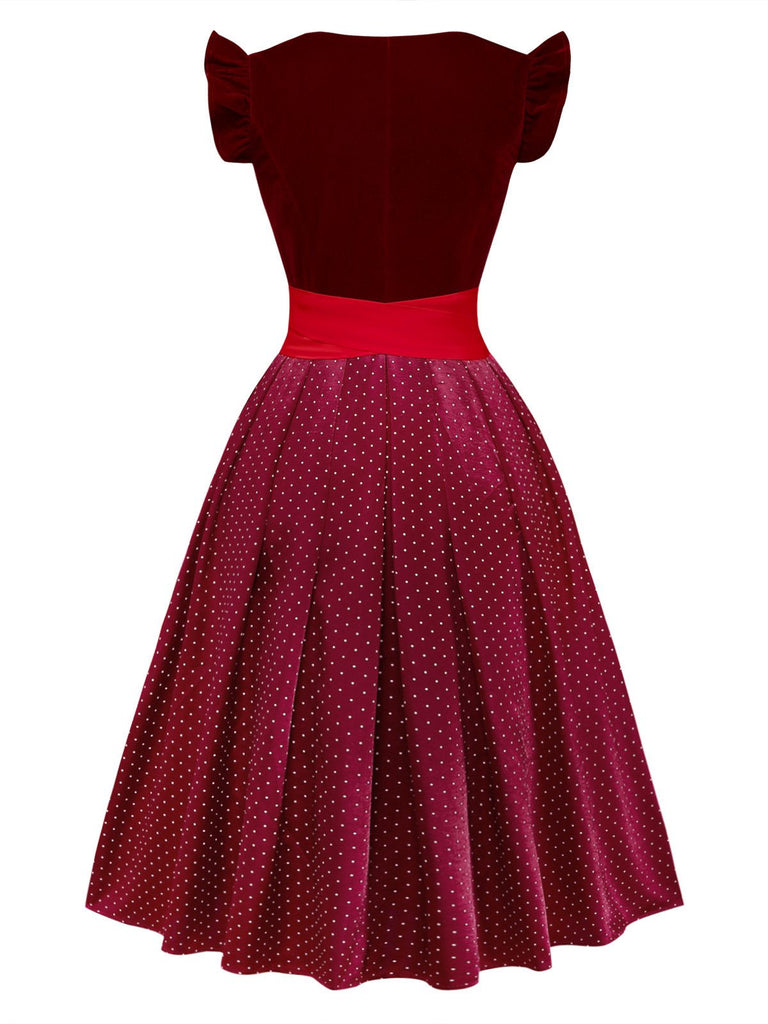 2PCS Robe Rouge Col Carré et Tablier à Pois Années 1950