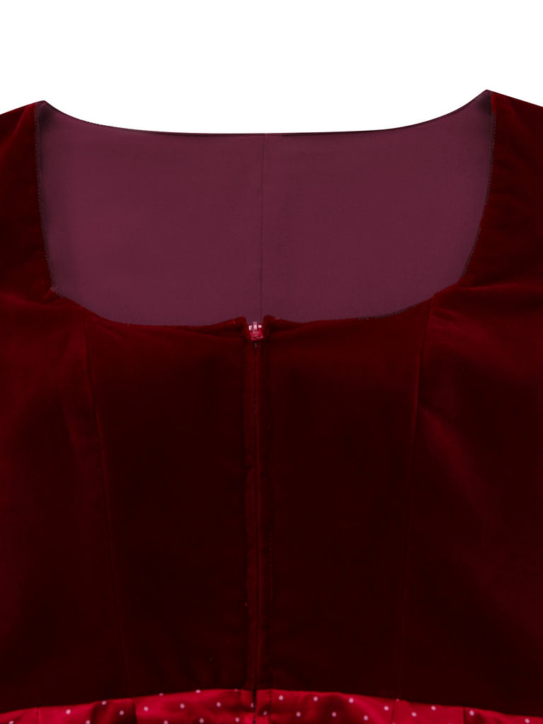 2PCS Robe Rouge Col Carré et Tablier à Pois Années 1950
