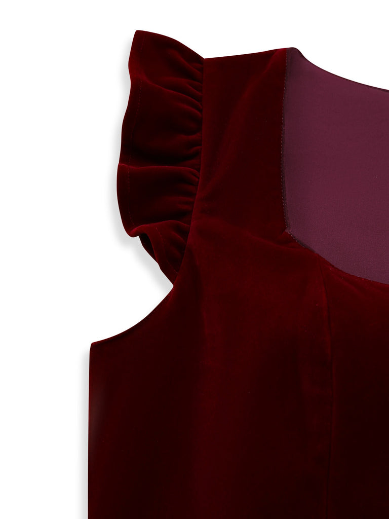 2PCS Robe Rouge Col Carré et Tablier à Pois Années 1950