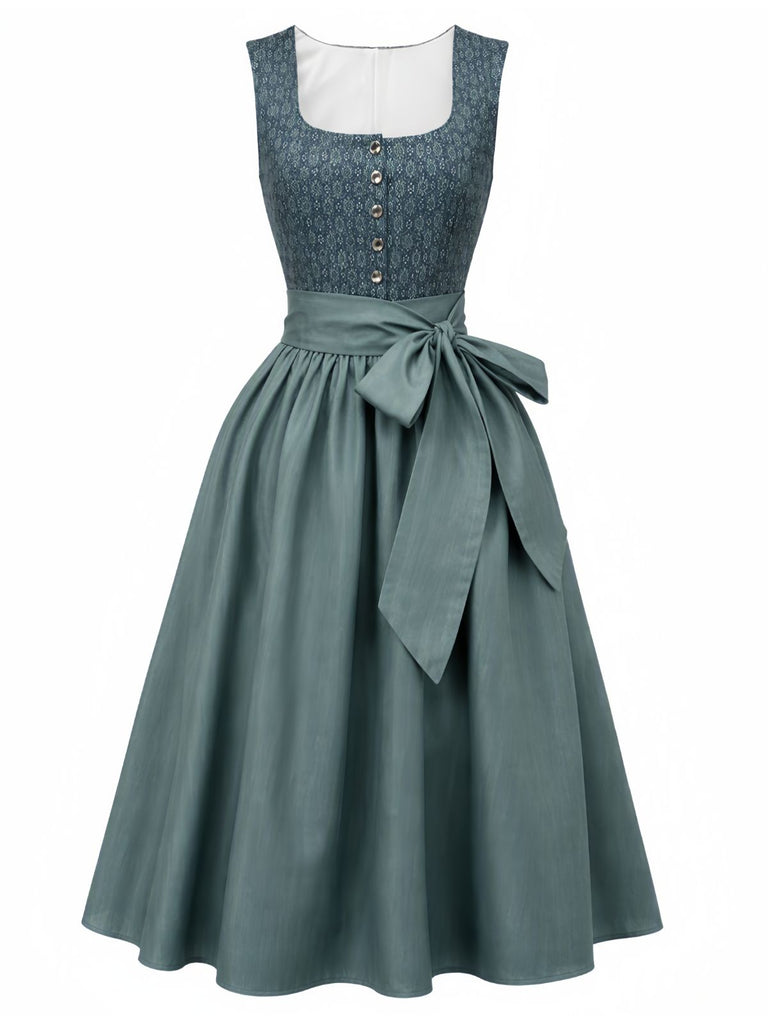 Robe Vert Ditsy Imprimé Floral Col Carré et Tablier Années 1950