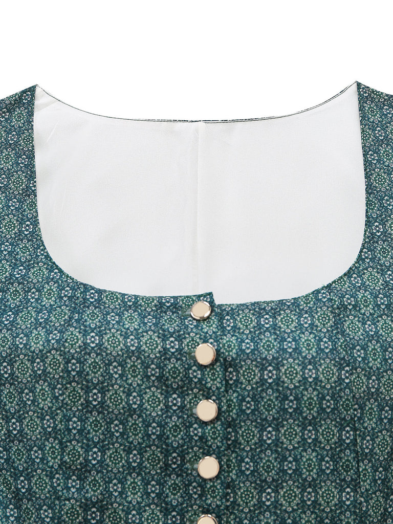 Robe Vert Ditsy Imprimé Floral Col Carré et Tablier Années 1950