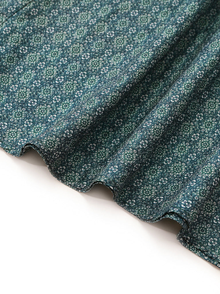 Robe Vert Ditsy Imprimé Floral Col Carré et Tablier Années 1950