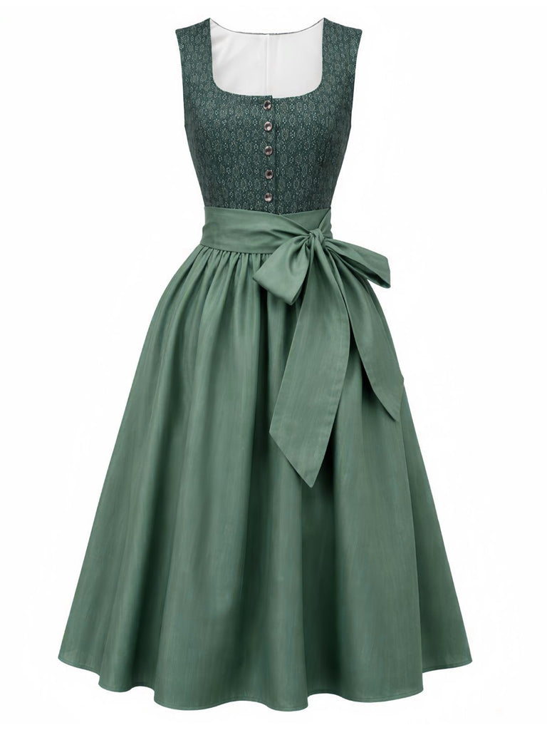 Robe Vert Imprimé Fleurie Col Carré et Tablier Années 1950