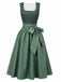 Robe Vert Imprimé Fleurie Col Carré et Tablier Années 1950