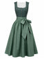 Robe Vert Imprimé Fleurie Col Carré et Tablier Années 1950