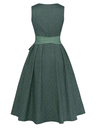 Robe Vert Imprimé Fleurie Col Carré et Tablier Années 1950