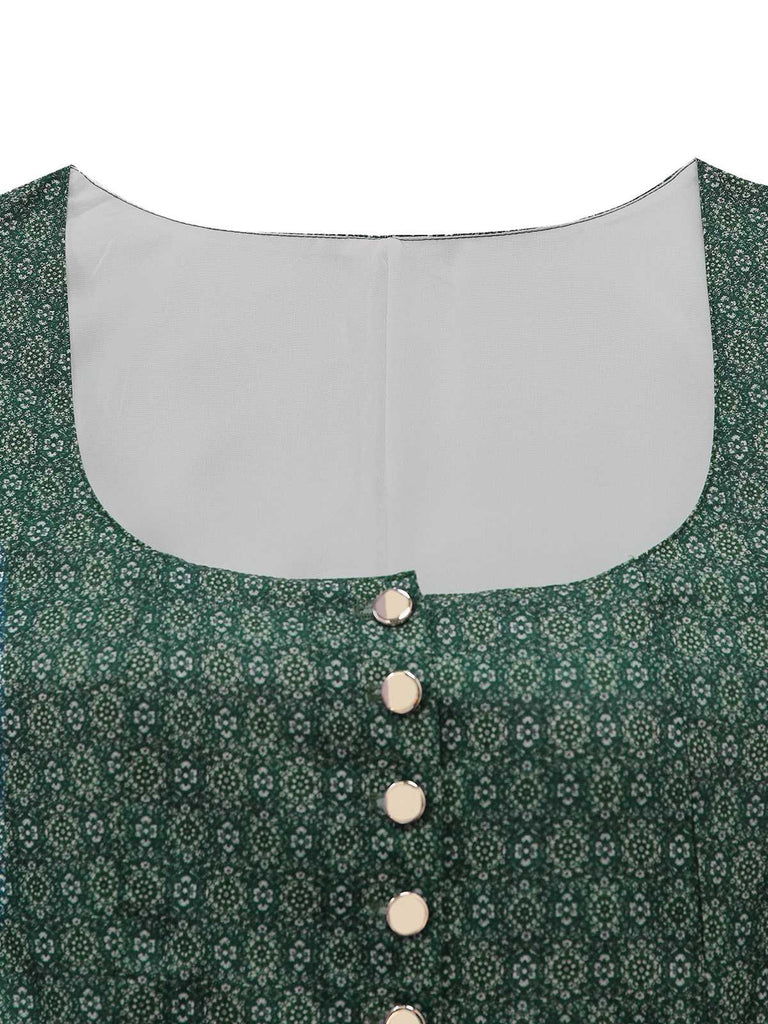 Robe Vert Imprimé Fleurie Col Carré et Tablier Années 1950