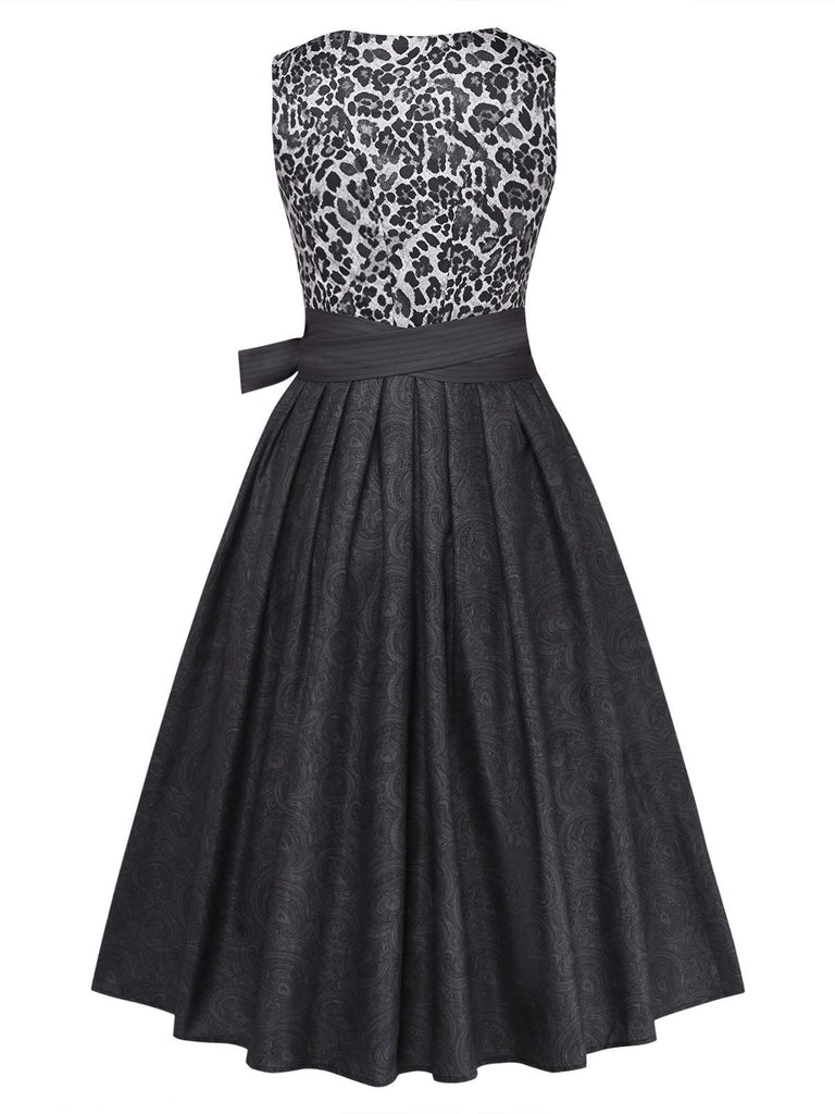 2PCS Robe Noir Léopard Col Carré Sans Manches avec Tablier Années 1950