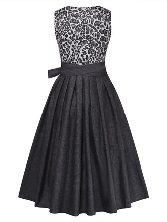 2PCS Robe Noir Léopard Col Carré Sans Manches avec Tablier Années 1950