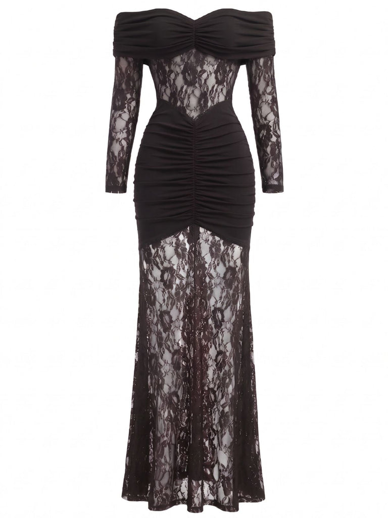 Robe Dentelle Épaules Dénudées Drapé Maxi Années 1930
