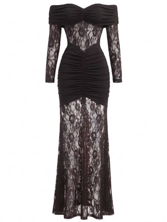 Robe Dentelle Épaules Dénudées Drapé Maxi Années 1930