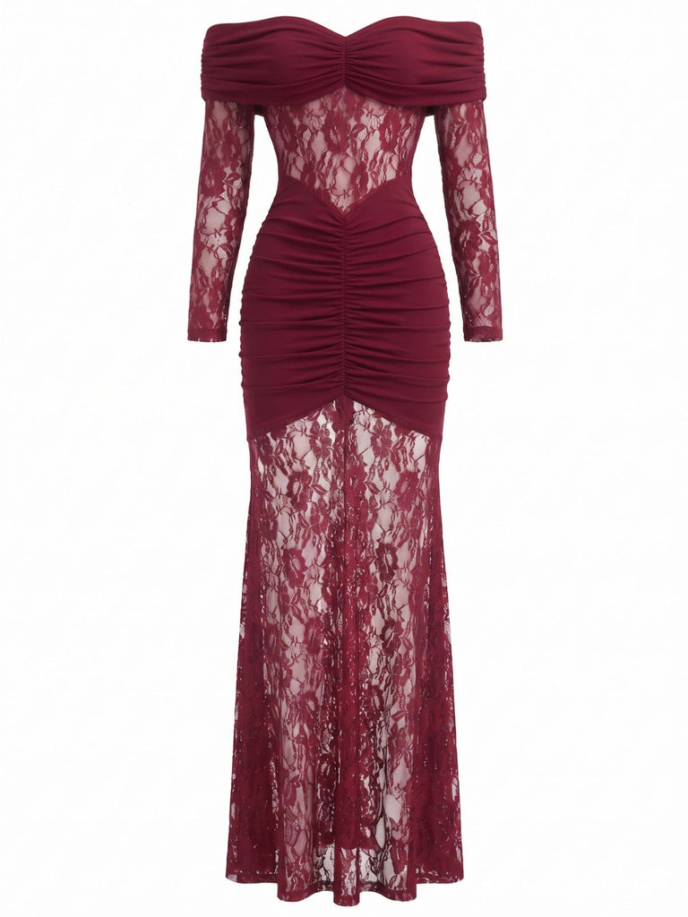 Robe Dentelle Épaules Dénudées Drapé Maxi Années 1930