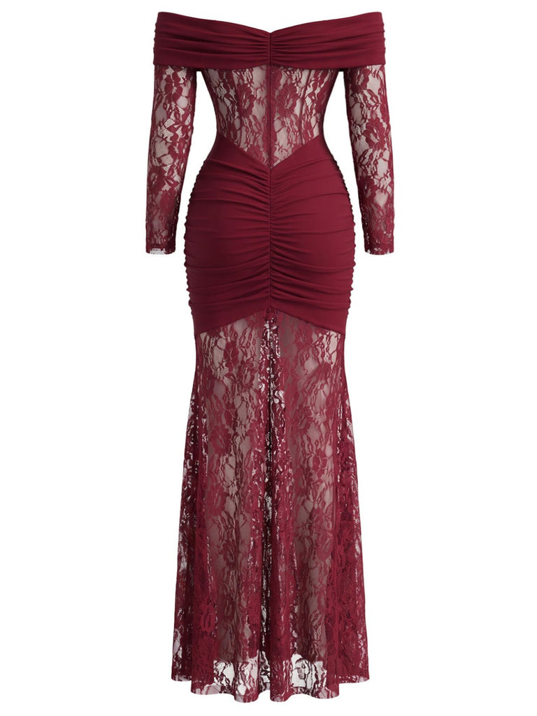 Robe Dentelle Épaules Dénudées Drapé Maxi Années 1930