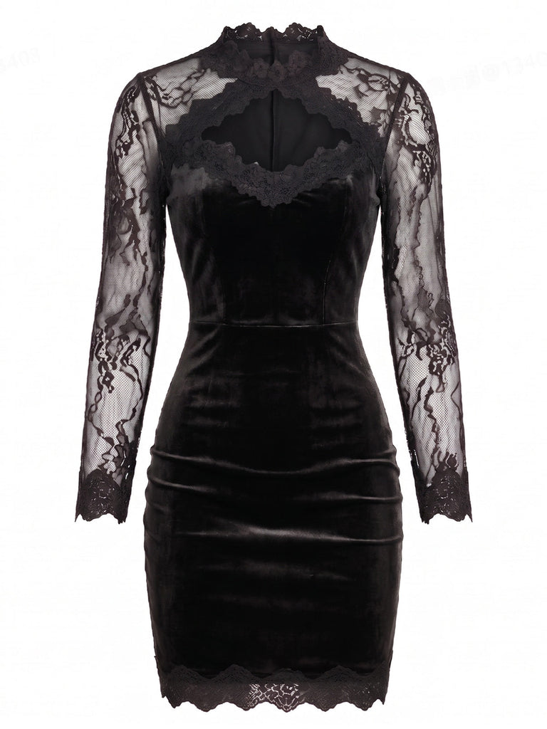 Robe moulante en velours avec dentelle patchwork, manches transparentes et découpe devant années 1960