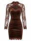 Robe fourreau velours manches transparentes dentelle marron années 60