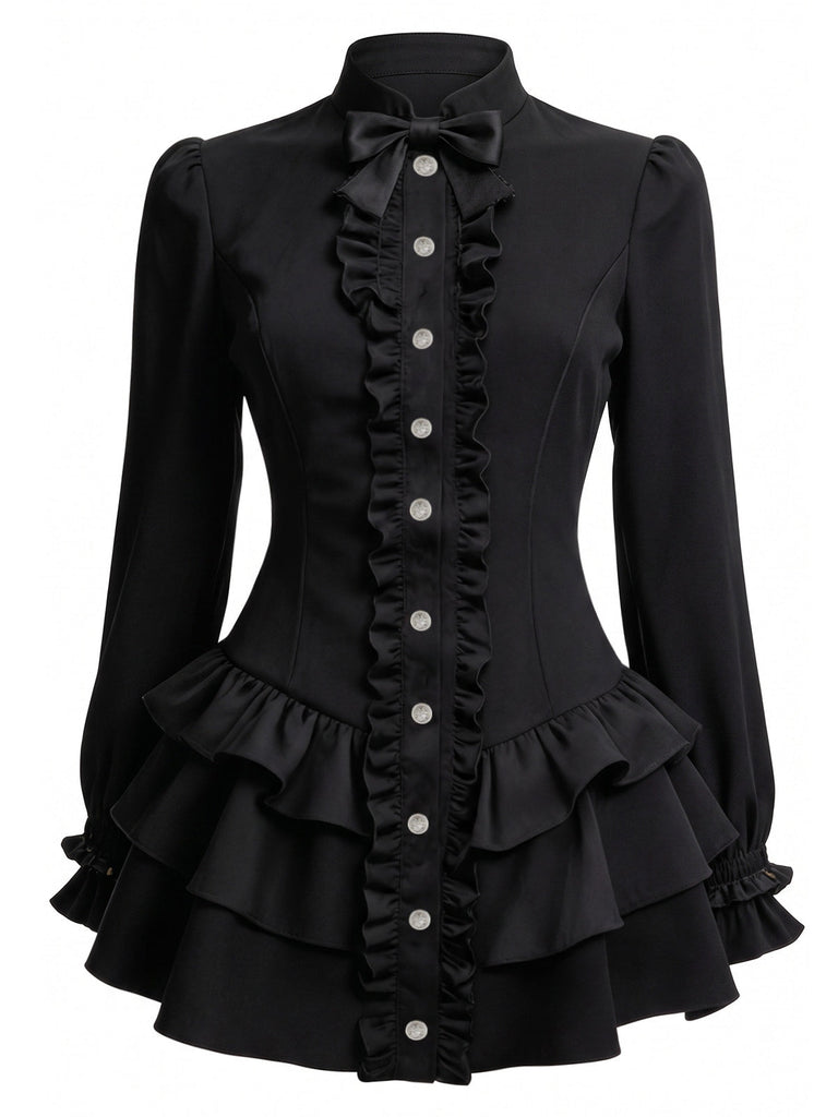 Robe courte noire à col montant et volants étagés années 1960