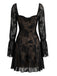 Robe courte noire à fleurs, col cœur et manches cloche années 1970