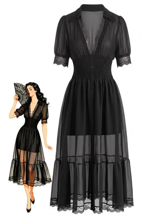 Robe midi noire en dentelle transparente boutonnée sur le devant années 1940 - 1