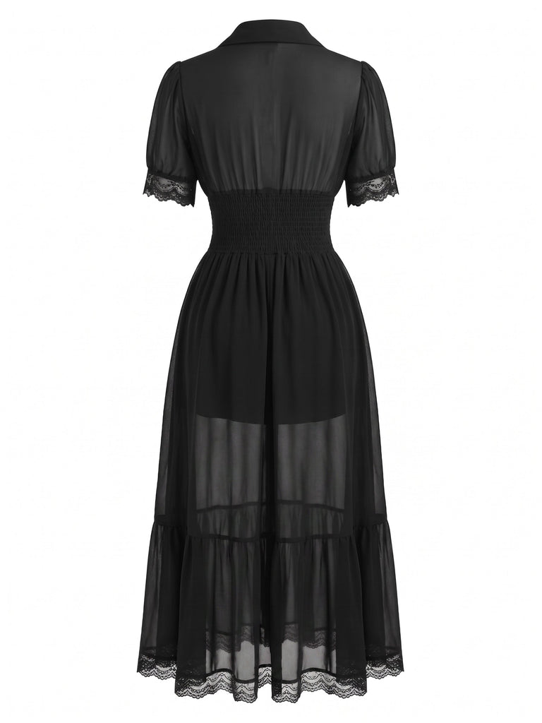 Robe midi noire en dentelle transparente boutonnée sur le devant années 1940 - 3