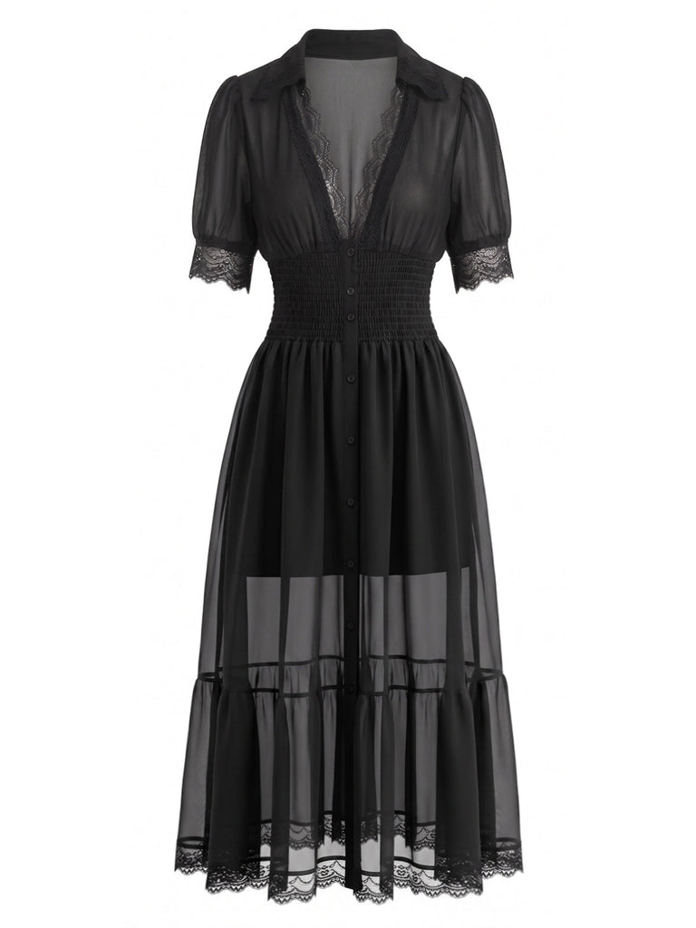 Robe midi noire en dentelle transparente boutonnée sur le devant années 1940 - 2