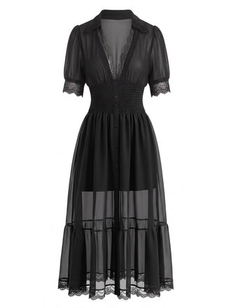 Robe midi noire en dentelle transparente boutonnée sur le devant années 1940 - 2