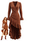Robe marron col V et ourlet asymétrique volants années 40