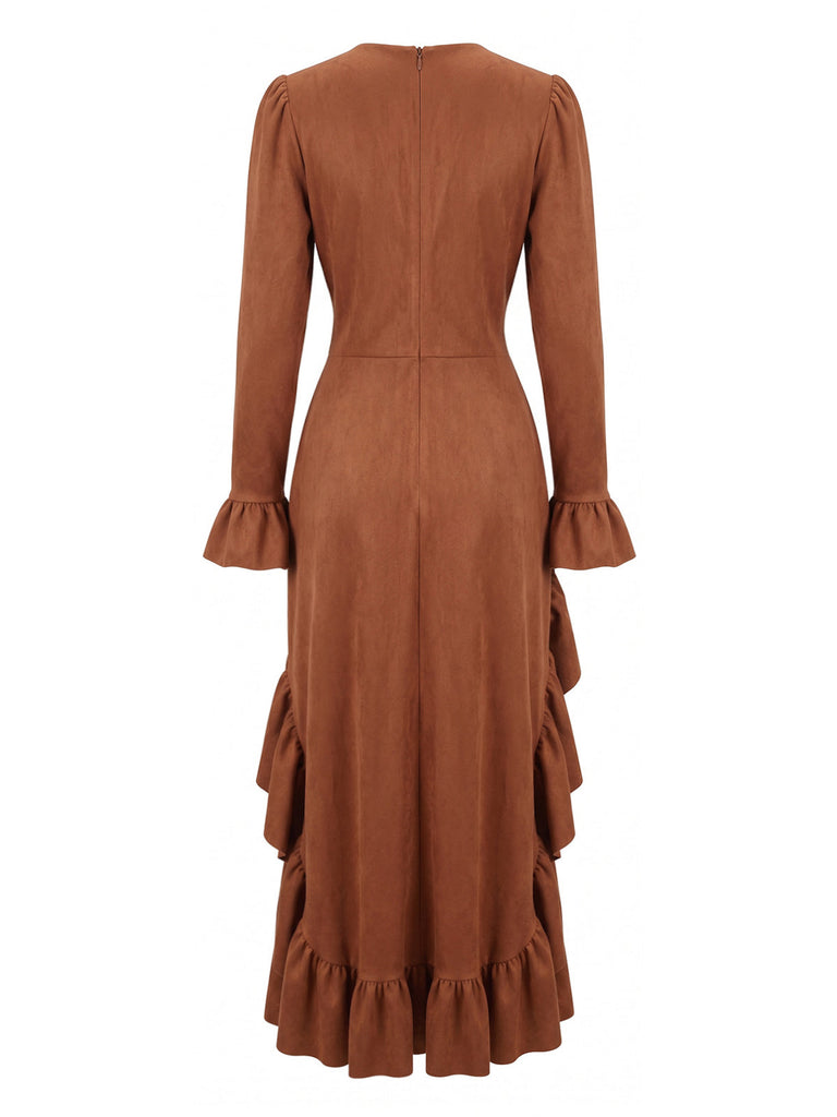 Robe marron à col V et ourlet volanté asymétrique années 1940