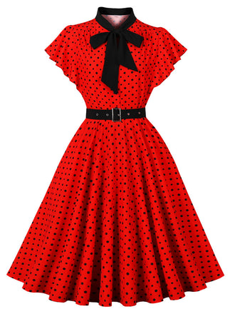 Robe à Pois Nœud Col Lavallière Volant Manche Évasé Années 1950
