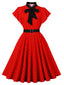 Robe Rouge À Pois Nœud Noir Ceinturée Années 1950