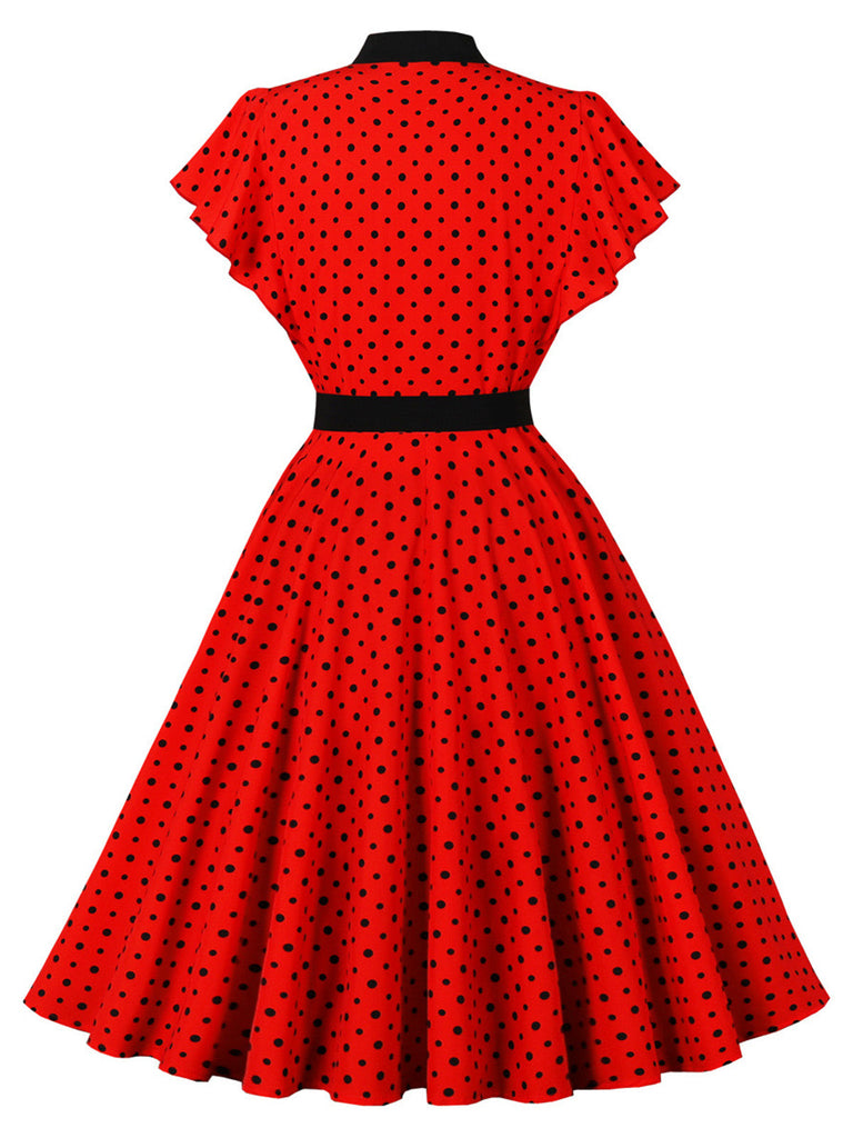 Robe à Pois Nœud Col Lavallière Volant Manche Évasé Années 1950