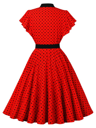 Robe à Pois Nœud Col Lavallière Volant Manche Évasé Années 1950