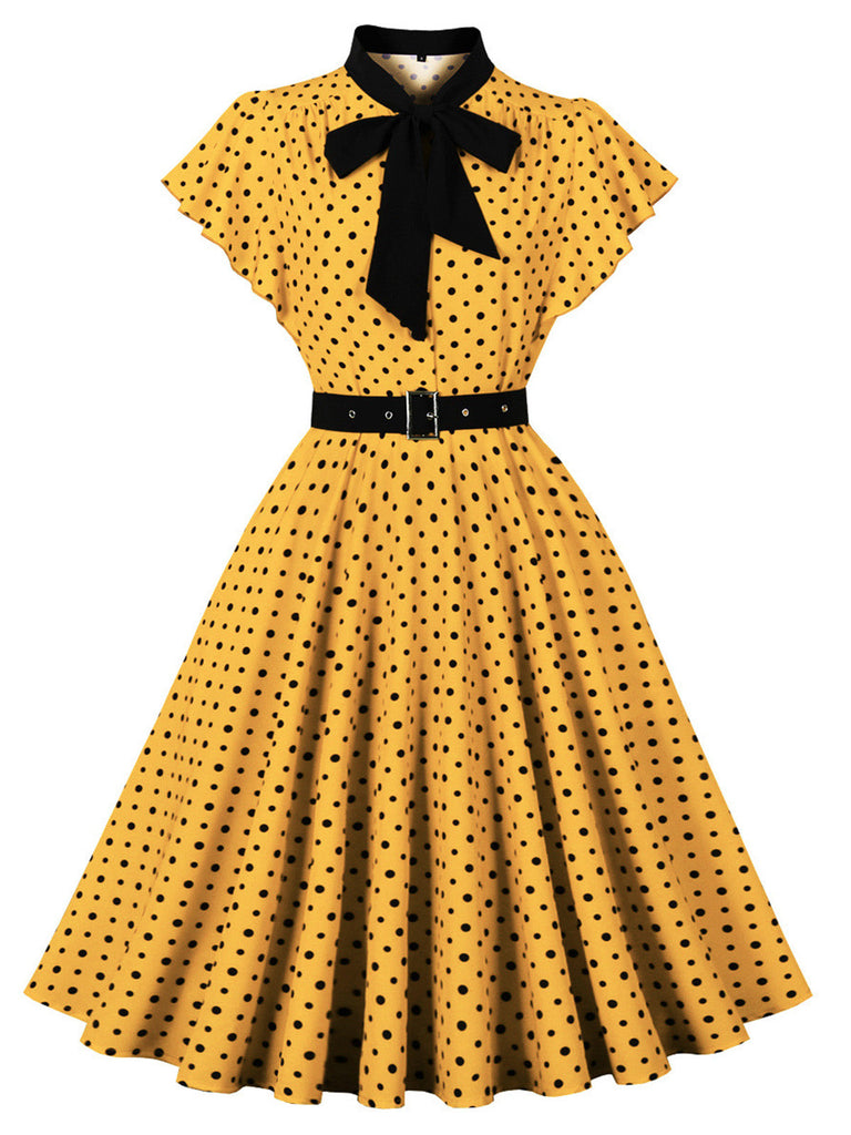 Robe à Pois Nœud Col Lavallière Volant Manche Évasé Années 1950