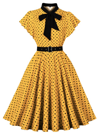 Robe à Pois Nœud Col Lavallière Volant Manche Évasé Années 1950