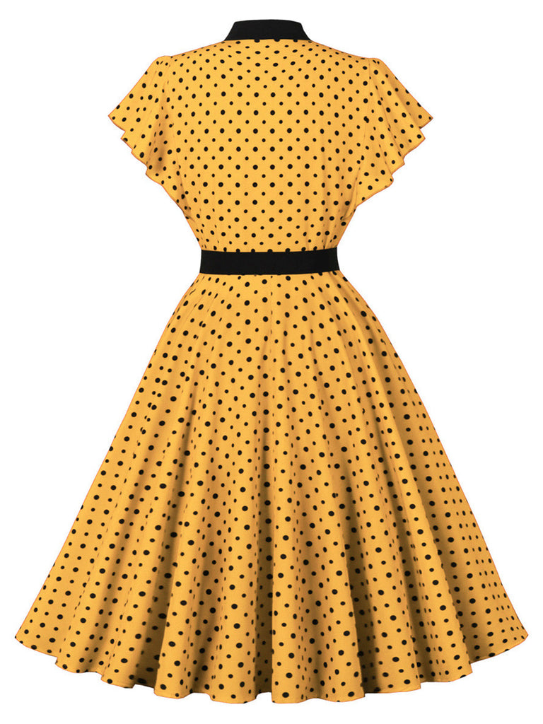Robe à Pois Nœud Col Lavallière Volant Manche Évasé Années 1950