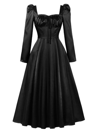 Robe midi rouge à col carré, manches bouffantes et corset années 1940