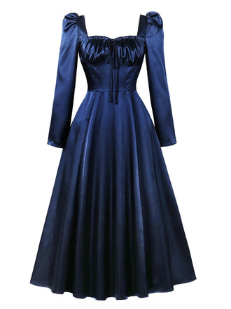 Robe midi rouge à col carré, manches bouffantes et corset années 1940