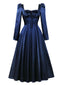Robe bleu à col carré manches bouffantes et corset années 1940