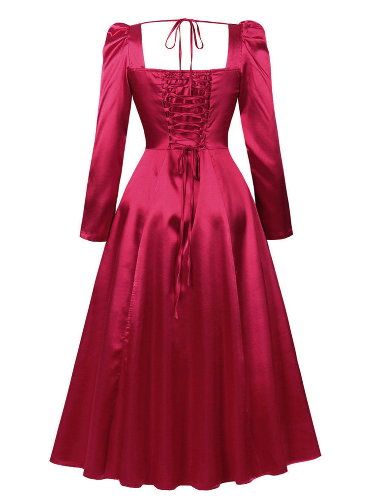 Robe midi rouge à col carré, manches bouffantes et corset années 1940