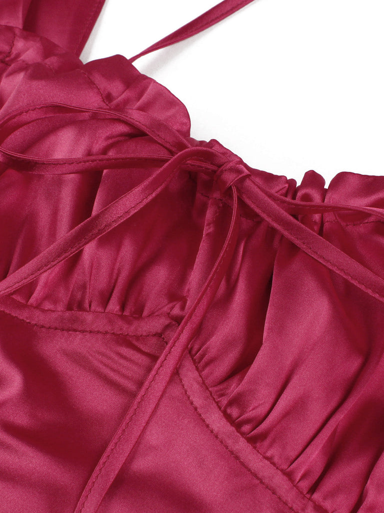Robe midi rouge à col carré, manches bouffantes et corset années 1940
