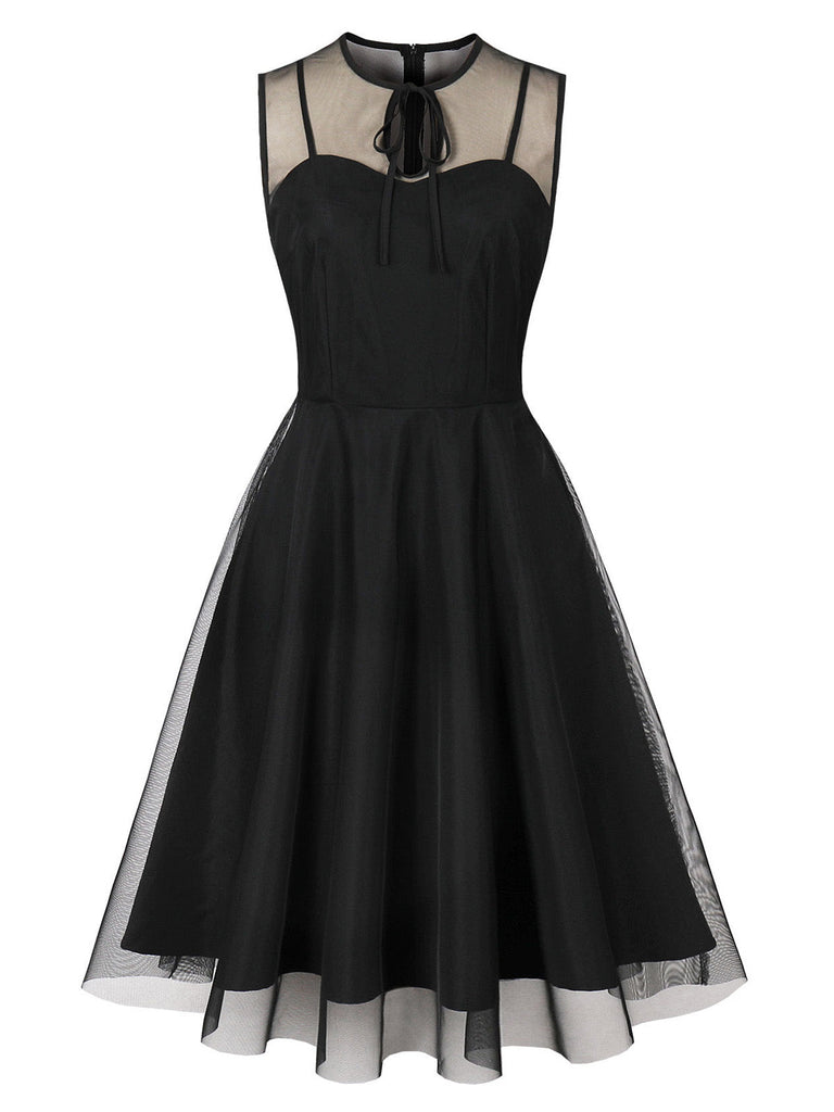Robe sans manches en tulle transparent à col lavallière ajouré Années 1950
